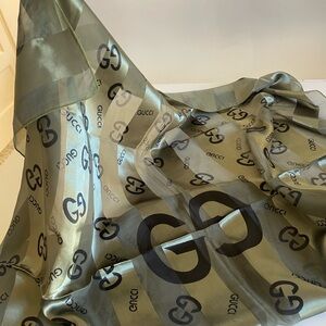 GUCCI Olive Green and Black Logo Silk Scarf